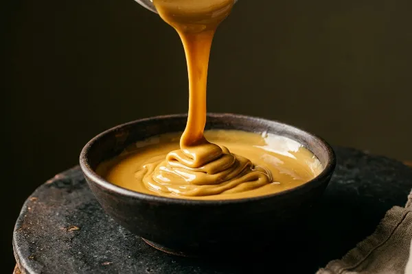 Creamy tahini being poured, showing smooth stone-ground texture