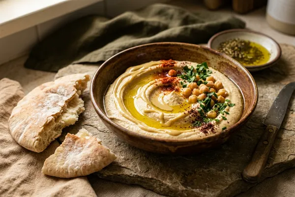 Beautiful hummus platter with golden tahini drizzle